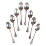 A SET OF EIGHT SILVER VICTORIAN 'LIONS MASK AND FEATHER EDGE' TEASPOONS