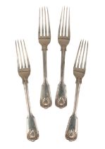 A SET OF FOUR VICTORIAN SILVER FIDDLE, THREAD AND SHELL TABLE FORKS