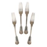A SET OF FOUR VICTORIAN SILVER FIDDLE, THREAD AND SHELL TABLE FORKS