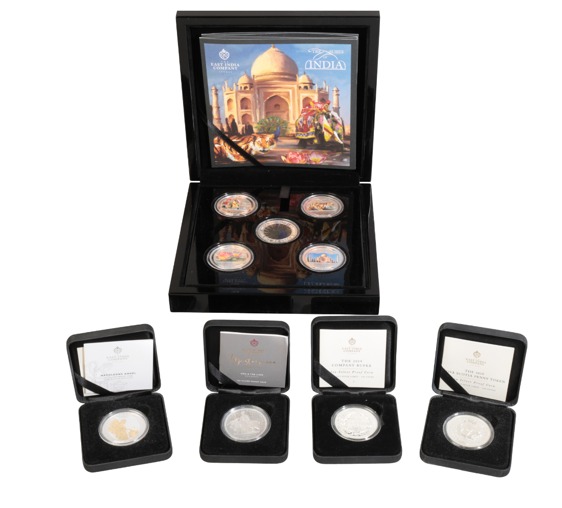 THE EAST INDIA CO. TREASURES OF INDIA SILVER PROOF 5 PIECE 1OZ COIN SET