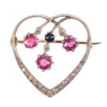 A SYNTHETIC RUBY, SAPPHIRE AND DIAMOND HEART BROOCH