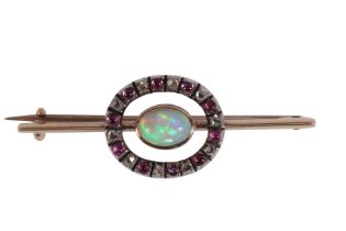 AN ANTIQUE VICTORIAN OPAL, RUBY AND DIAMOND BROOCH