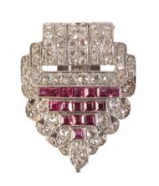 A VINTAGE SYNTHETIC RUBY AND DIAMOND CLIP BROOCH