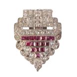 A VINTAGE SYNTHETIC RUBY AND DIAMOND CLIP BROOCH