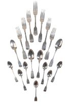 A GEORGE IV AND LATER SILVER FIDDLE PATTERN HARLEQUIN CUTLERY SERVICE