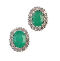 A PAIR OF EMERALD AND DIAMOND CLUSTER STUD EARRINGS