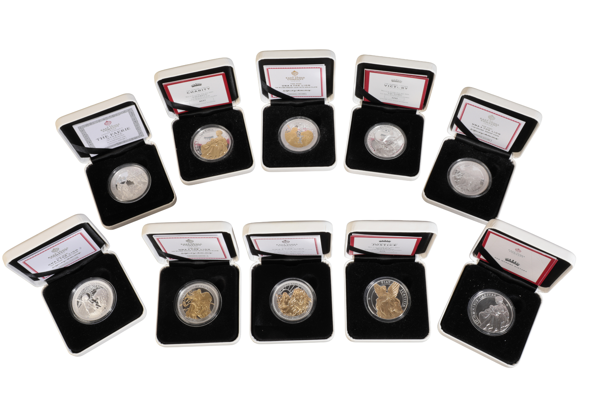 A COLLECTION OF TEN THE EAST INDIA CO. SILVER PROOF COINS