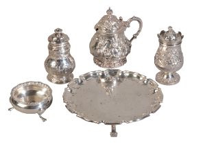 A WILLIAM IV AND LATER SILVER 'HARLEQUIN' THREE-PIECE CRUET & TRAY