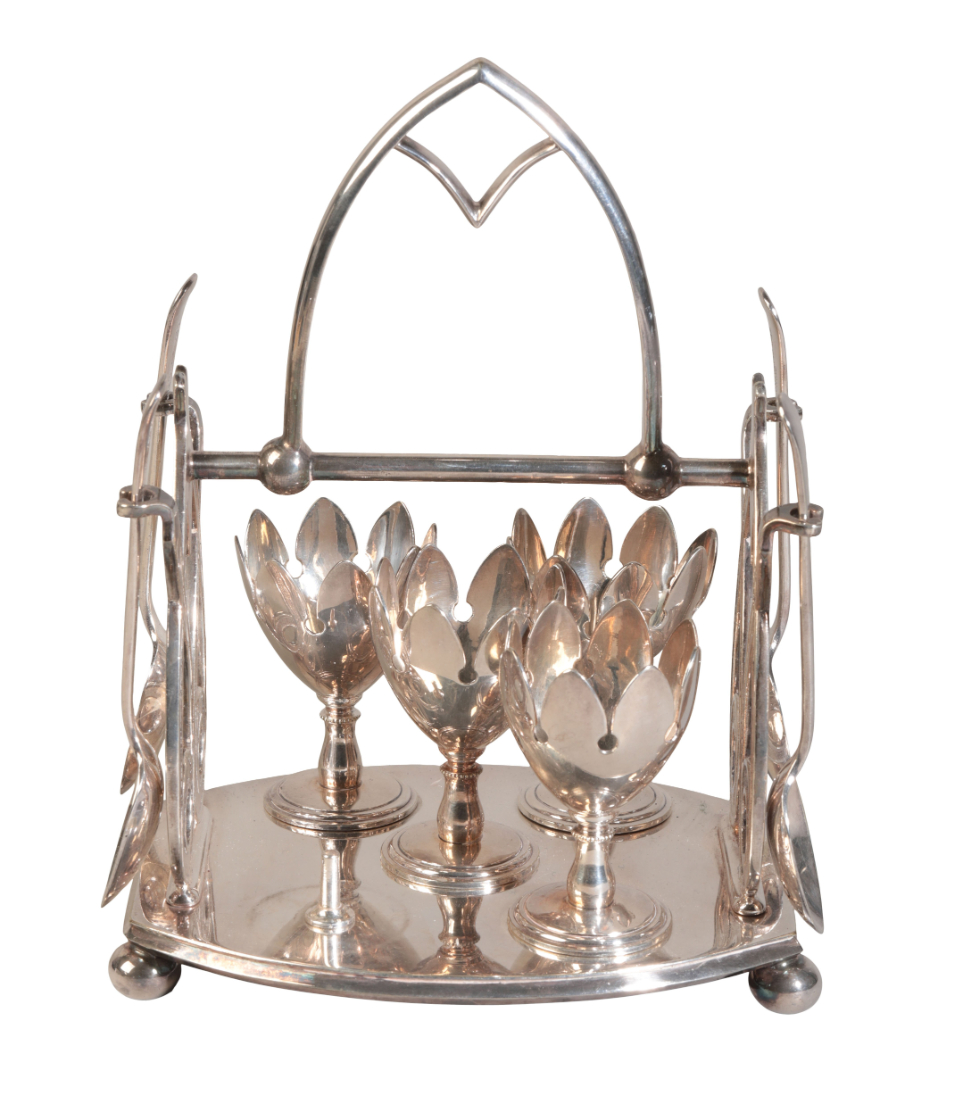 A VICTORIAN SILVER PLATED FOUR DIVISION EGG CRUET - Image 3 of 3