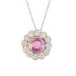 A PINK SAPPHIRE AND DIAMOND CLUSTER PENDANT NECKLACE