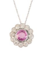 A PINK SAPPHIRE AND DIAMOND CLUSTER PENDANT NECKLACE