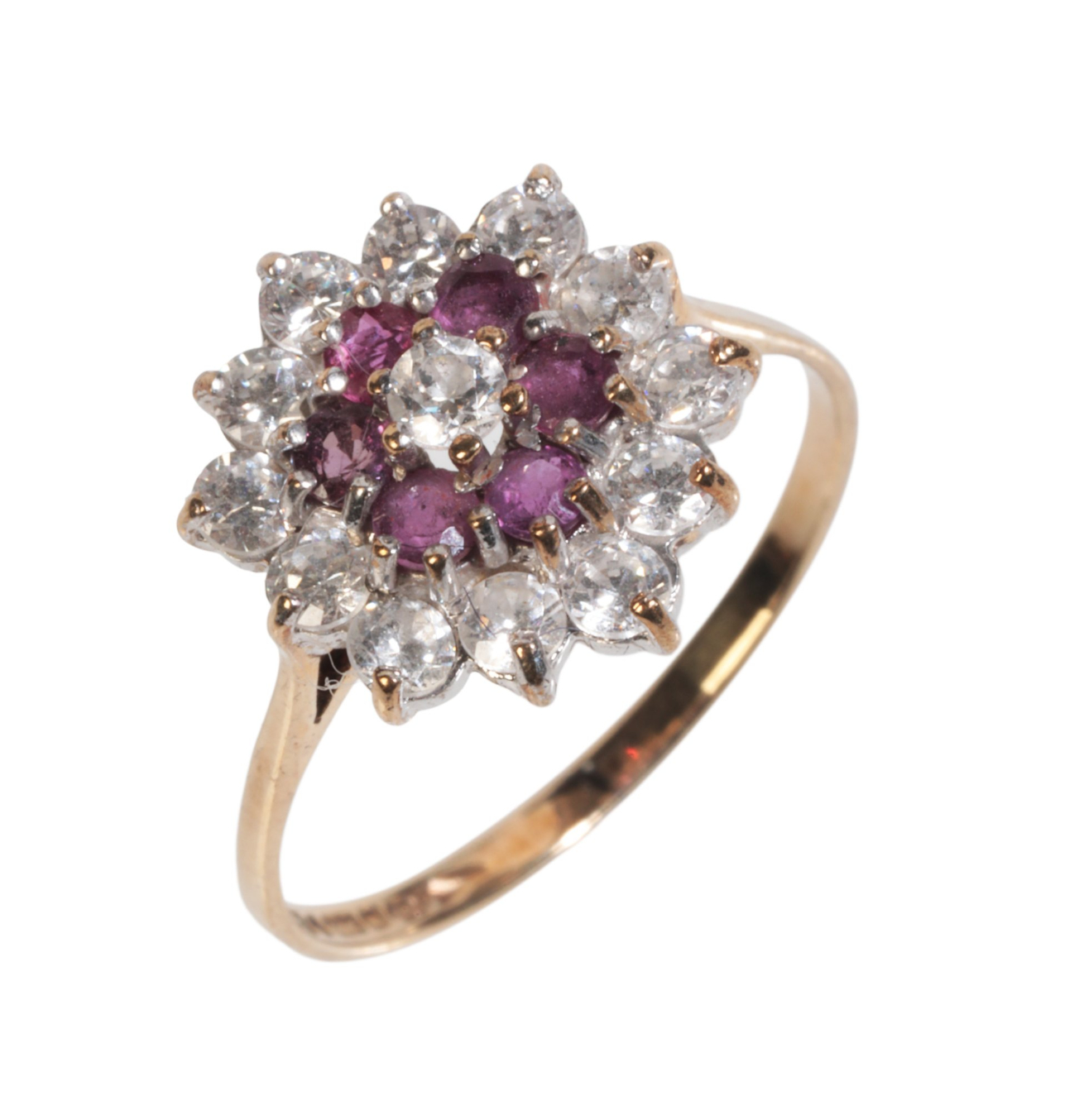 A GLASS-FILLED RUBY AND WHITE GEMSTONE CLUSTER RING