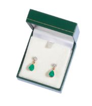 A PAIR OF EMERALD AND DIAMOND DROP EARRINGS
