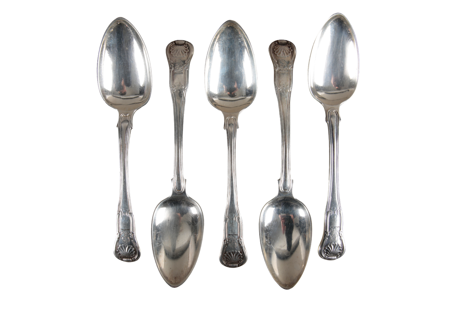 FIVE GEORGE III SILVER HOURGLASS PATTERN DESSERT SPOONS