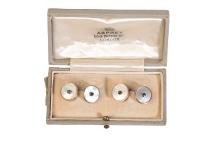 A VINTAGE PAIR OF MOTHER OF PEARL AND SAPPHIRE CUFFLINKS
