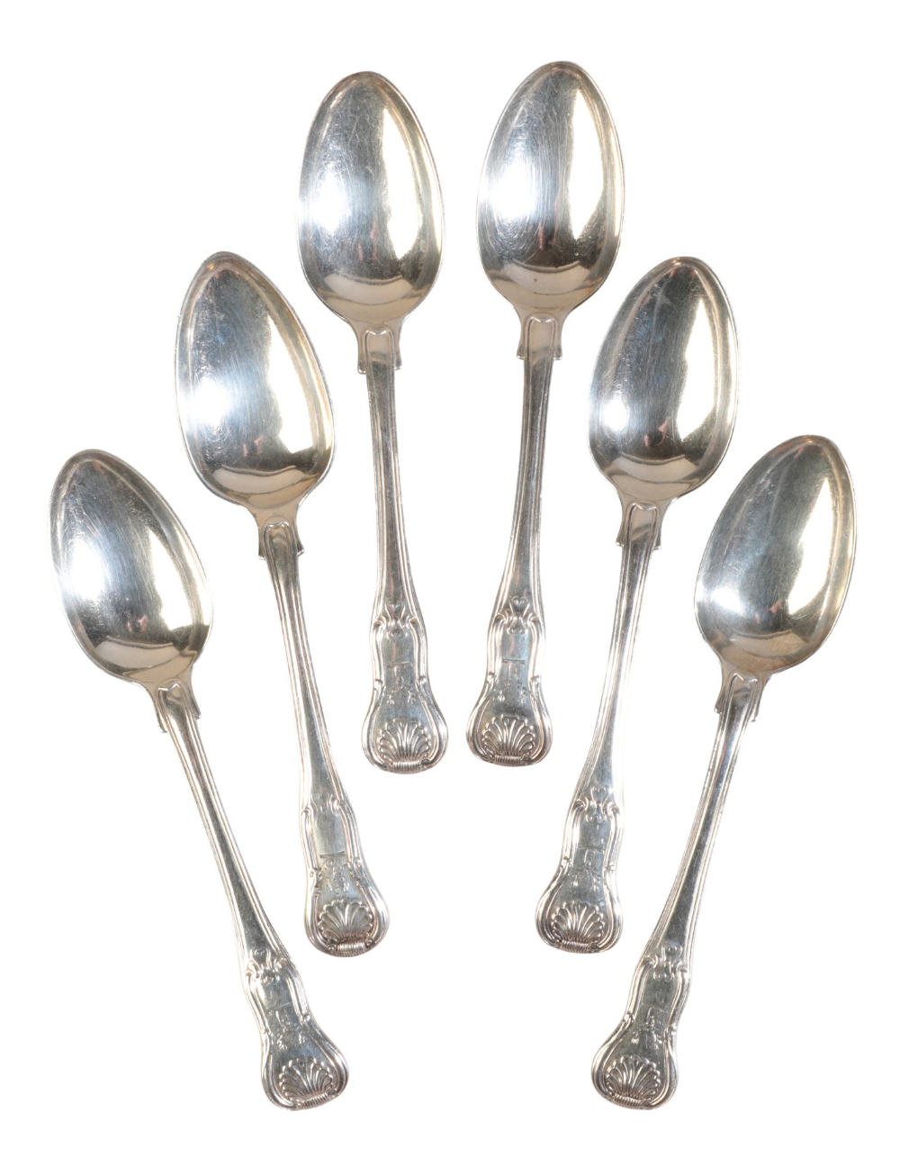 A SET OF SIX GEORGE IV SILVER HOURGLASS PATTERN DESSERT SPOONS
