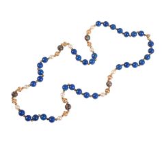 A LAPIS LAZULI, PEARL AND ENAMEL NECKLACE