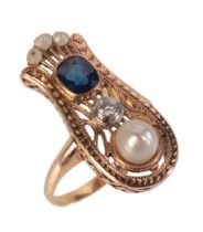 A SAPPHIRE, PEARL AND DIAMOND RING