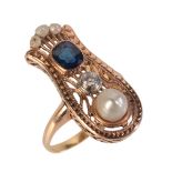 A SAPPHIRE, PEARL AND DIAMOND RING