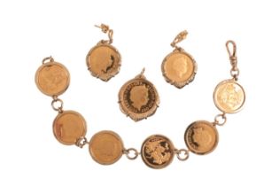A 9CT GOLD BRACELET SET WITH SIX 1998 QUEEN ELIZABETH II PROOF COINS