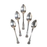 FIVE GEORGE IV SILVER HOURGLASS PATTERN DESSERT SPOONS