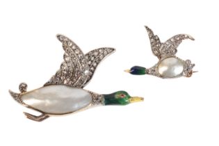 A PAIR OF ANTIQUE DIAMOND AND ENAMEL DUCK BROOCHES
