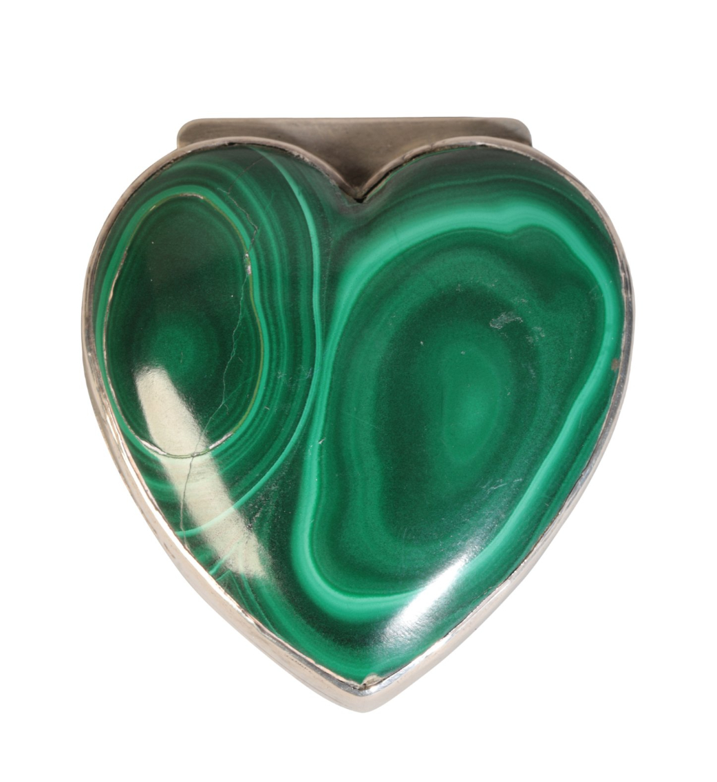 A VICTORIAN SILVER MOUNTED MALACHITE HEART SHAPED BOX