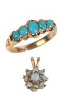 A TURQUOISE FIVE STONE RING & OPAL PENDANT