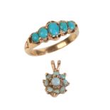 A TURQUOISE FIVE STONE RING & OPAL PENDANT