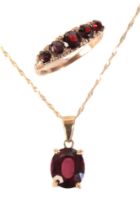 A GARNET PENDANT NECKLACE AND FIVE STONE RING