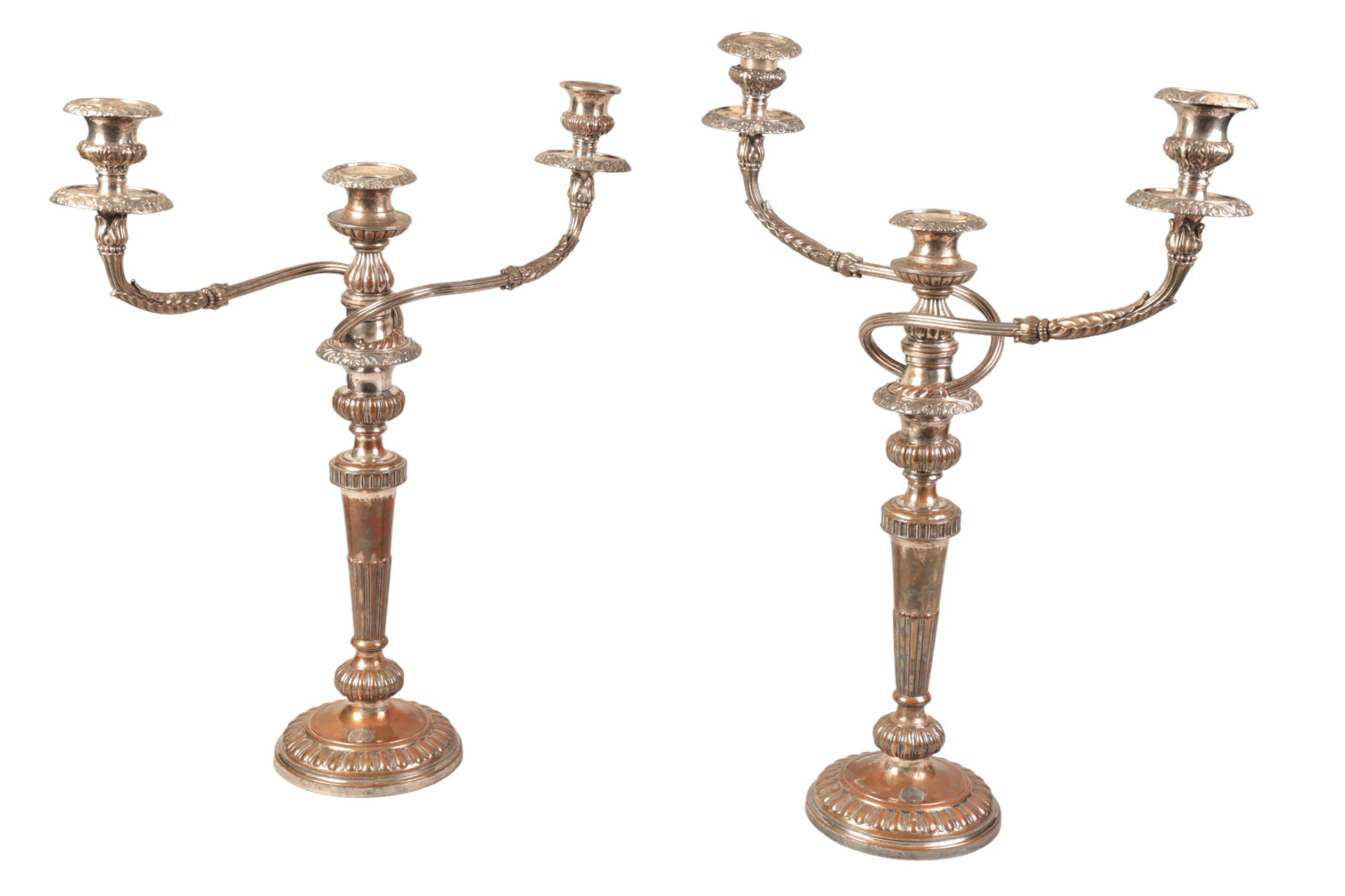 A PAIR OF SILVER PLATED TRIPLE SCONCE CANDLEBRA