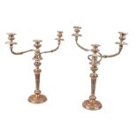 A PAIR OF SILVER PLATED TRIPLE SCONCE CANDLEBRA