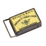 A LATE VICTORIAN ENAMELLED SILVER 'BRYANT & MAY' NOVELTY ADVERTISING MATCHBOX HOLDER