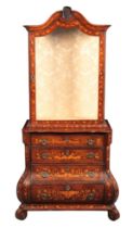 A DUTCH WALNUT AND MARQUETRY DISPLAY CABINET ON CHEST