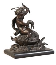 A CONTINENTAL BRONZE GROUP OF A CHERUB AND SWAN