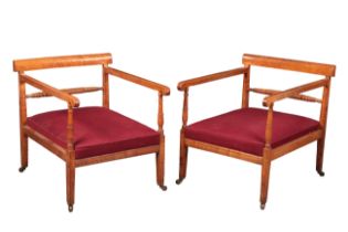 A PAIR OF SATIN BIRCH LOUNGE ARMCHAIRS
