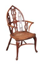 A YEW AND ELM GOTHIC WINDSOR ARMCHAIR, PROBABLY THAMES VALLEY