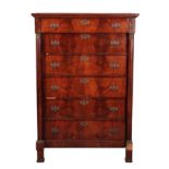 A FRENCH EMPIRE FLAME MAHOGANY TALL CHEST OF DRAWERS