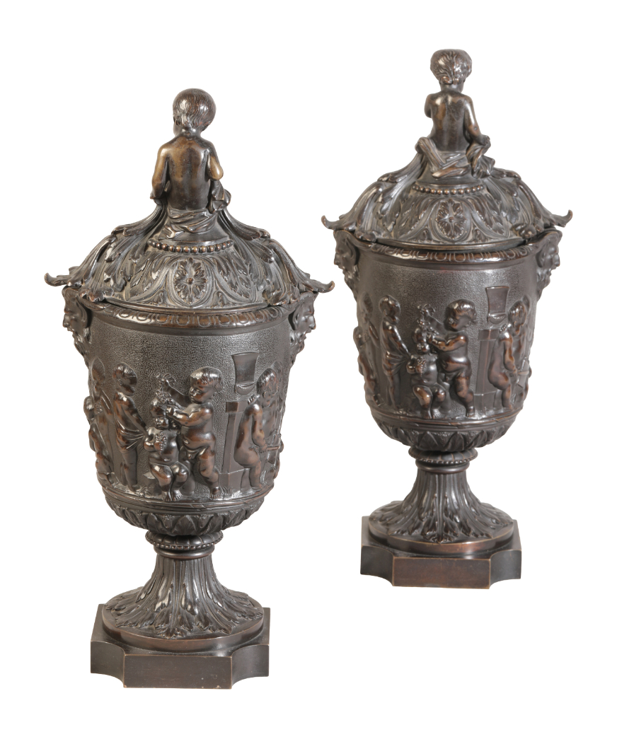 A MATCHED PAIR OF LARGE PATINATED BRONZE URNS WITH COVERS - Image 2 of 2