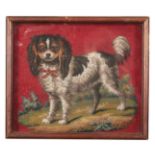 A VICTORIAN GLASS BEADWORK FRAMED PANEL OF A KING CHARLES SPANIEL