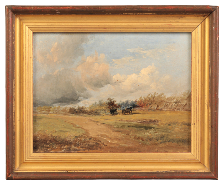 ATTRIBUTED TO ALFRED VICKERS (1786-1868) Horses and cart in a country field