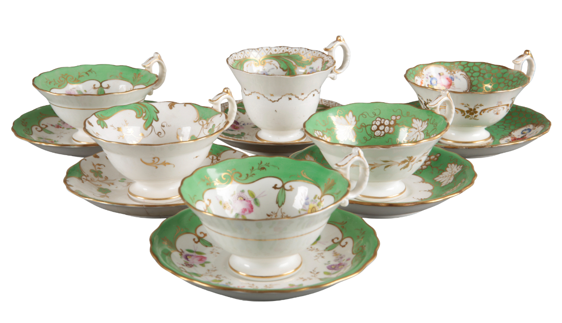 A GROUP OF SIX H & R DANIEL SECOND BELL SHAPE CUPS AND SAUCERS