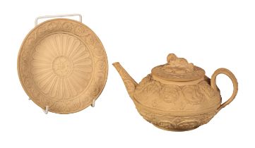 A WEDGWOOD CANEWARE TEAPOT AND MATCHING STAND