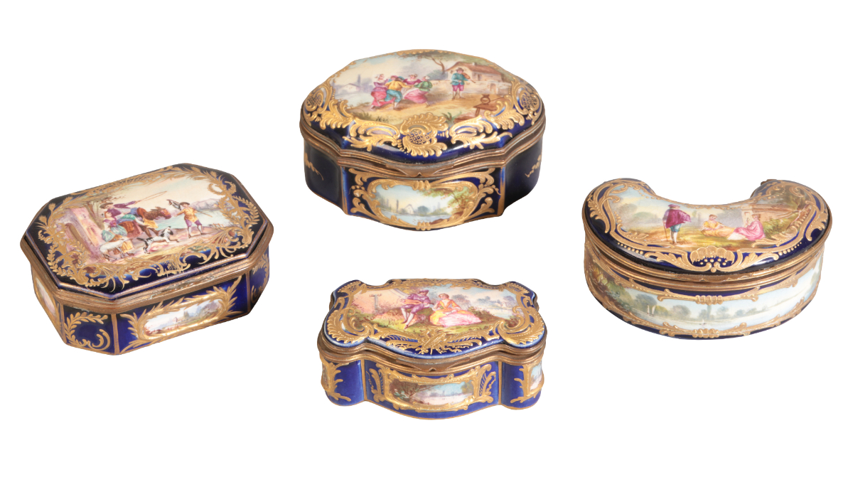 A GROUP OF FOUR FRENCH ORMOLU MOUNTED SOFT PASTE PORCELAIN BOXES
