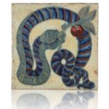 WILLIAM DE MORGAN (1839-1917): A RARE 'TRIPLE LUSTRE' LATE FULHAM PERIOD TILE 'SNAKE WITH LEAF'