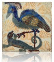 WILLIAM DE MORGAN (1839-1917): A RARE 'TRIPLE LUSTRE' LATE FULHAM PERIOD TILE 'SECRETARY BIRD