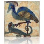 WILLIAM DE MORGAN (1839-1917): A RARE 'TRIPLE LUSTRE' LATE FULHAM PERIOD TILE 'SECRETARY BIRD