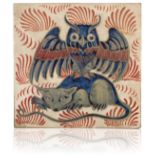 WILLIAM DE MORGAN (1839-1917) A RARE 'TRIPLE LUSTRE' LATE FULHAM PERIOD TILE 'OWL ON BACK OF MOUSE"