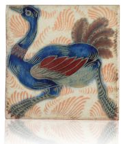 WILLIAM DE MORGAN (1839-1917): A RARE 'TRIPLE LUSTRE' LATE FULHAM PERIOD TILE 'OSTRICH'