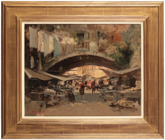 *EZELINO BRIANTI (1901-1971) A Continental marketplace with figures - Image 2 of 4